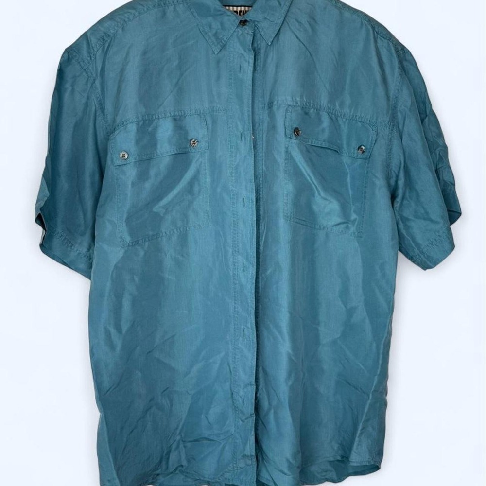 Unisex 100% Silk Forenza Shirt Blue Short Sleeve Button Down Summer Cruise
